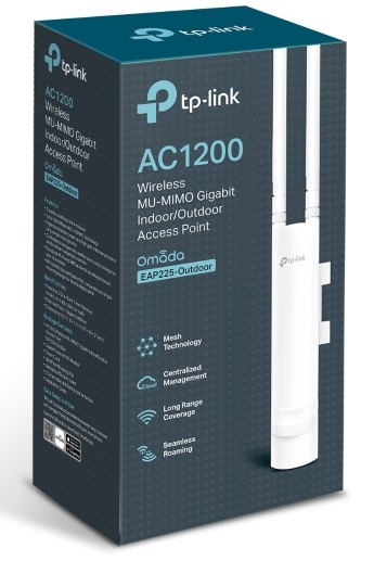 Access Point Wi-Fi 5 Outdoor / TP-Link EAP225 | 2405 - Punto de Acceso Wireless 802.11ac 1200 Mbps, Tecnología 2×2 MIMO, PoE Support, 1x Puerto LAN Gigabit, Protección: Intemperie IP65, Montaje: Poste / Pared, Antenas: 2x 3dBi (2.4GHz), 2x 4dBi (5GHz)