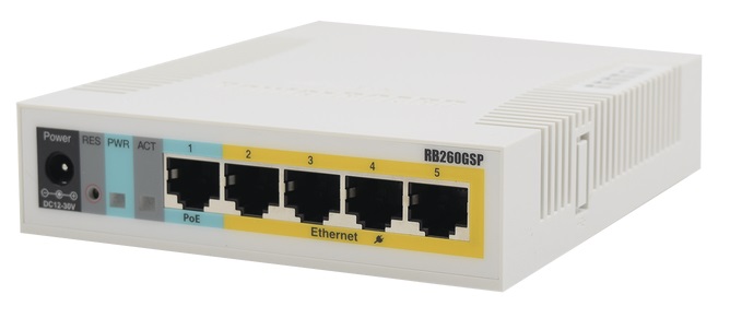Mikrotik RB260GSP-CSS106-1G-4P-1S / Switch PoE  5-Puertos | 2405 - MikroTik RB260GSP Smart Switch 5-Puertos de Red Gigabit, 1-Puerto SFP Gigabit, PoE Puertos 2 al 5, Memoria de Almacenamiento 128KB, Certificaciones: CE/RED, EAC, ROHS. CSS106-1G-4P-1S 