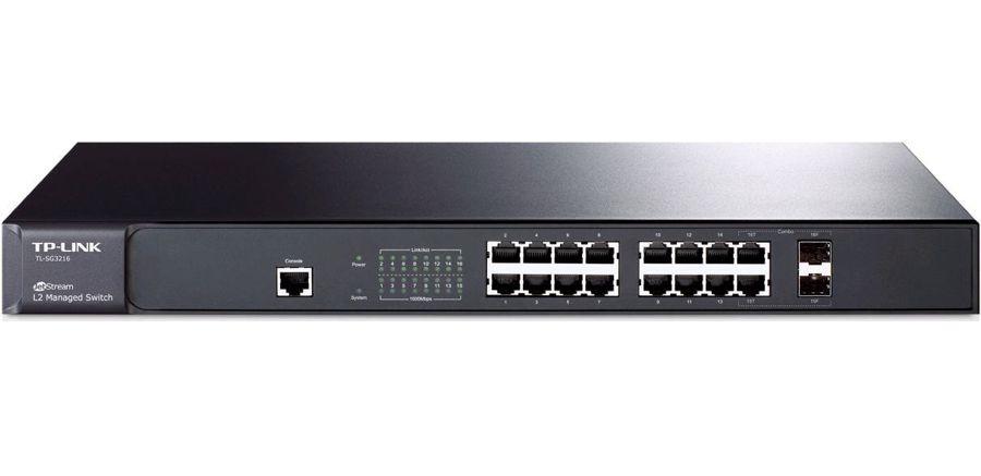  Switch 16-Puertos - TP-Link TL-SG3216 | Administrable Capa 2, 16 Lan Port Gigabit, 2 SFP Port Gigabit, VLAN, QoS, IP MAC, CLI, SNMP, RMON, ACL, Encriptación SSL o SSH. 3 Años de Garantía.  