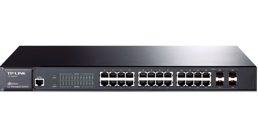 Switch 24-Puertos - TP-Link T2600G-28TS | Administrable Capa 2, 24 Port Gigabit, 4 SFP Port Gigabit, VLAN, QoS, IP MAC, CLI, SNMP, RMON, ACL, Encriptacion SSL o SSH. 4 Años de Garantía