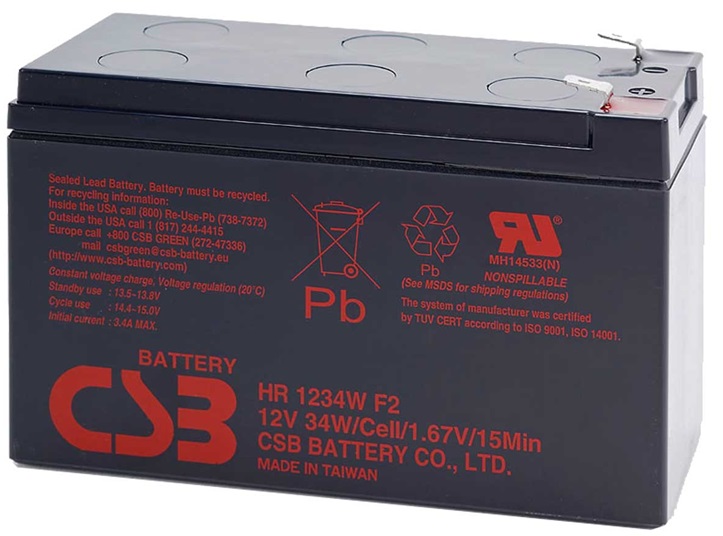 Bateria 12V-  9Ah / CSB HR1234WF2 AGM | 2304 - Bateria CSB HR 1234W F2 / Tecnología Absorbent Glass Mat (AGM), 12V/9Ah @ 20-Hr Rate, Larga vida y gran confiabilidad, Baja autodescarga: Menos del 10% después de 90 días