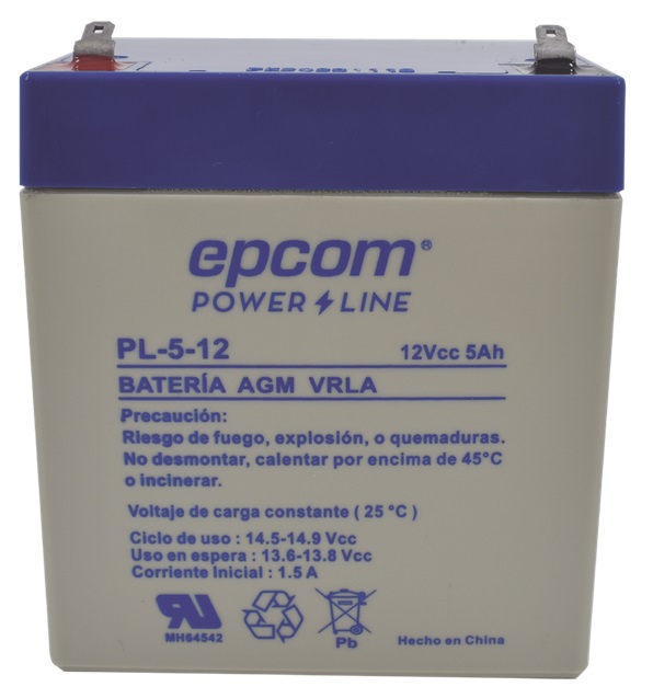 Batería 12V/  5Ah - EPCOM PL-5-12 AGM | 2304 - Batería de plomo ácido regulada por válvula (VRLA), Voltaje: 12V, Capacidad: 5Ah, Sellada libre de mantenimiento, Tecnología Absorbent Glass Mat (AGM), Terminal: Tipo F1