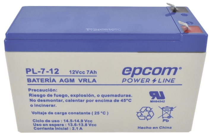 Batería 12V/  7Ah - EPCOM PL-7-12 AGM  | 2304 - Batería de plomo ácido regulada por válvula (VRLA), Voltaje: 12V, Capacidad: 7.0Ah, Sellada libre de mantenimiento, Tecnología Absorbent Glass Mat (AGM), Terminal: Tipo F1 