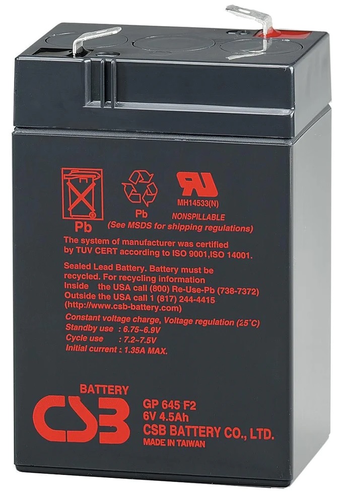 Bateria  6V-  4.5Ah / CSB GP 645 F2 AGM | 2307 - Batería de plomo ácido regulada por válvula, 6V/4.5h @ 20-Hr Rate, Tecnología Absorbent Glass Mat (AGM), Terminal: F1/F2-Faston Tab187/250, Material del contenedor: ABS (UL94-HB)