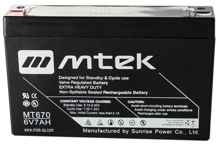 Batería  6V/   7.0Ah – MTEK MT670 AGM | 2304 - Batería de plomo ácido regulada por válvula (VRLA), Sellada libre de mantenimiento, Tecnología Absorbent Glass Mat (AGM), 6V/7.0Ah @ 20-Hr Rate. Las baterías AGM son las más recomendadas para uso en UPS