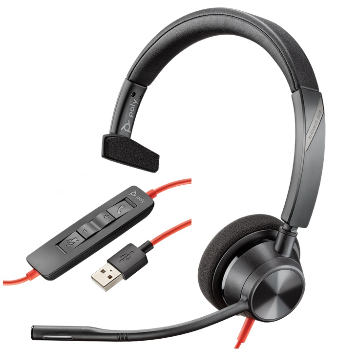 Diadema Monoaural USB – Poly Plantronics Blackwire 3310 / 212703-101 | 2203 - Auricular Monoaural con diseño moderno, Fácil de usar, Intuitivo y Elegante, Conexión USB-A, Controles en el cable, Protección auditiva 118dBi, Optimización de voz