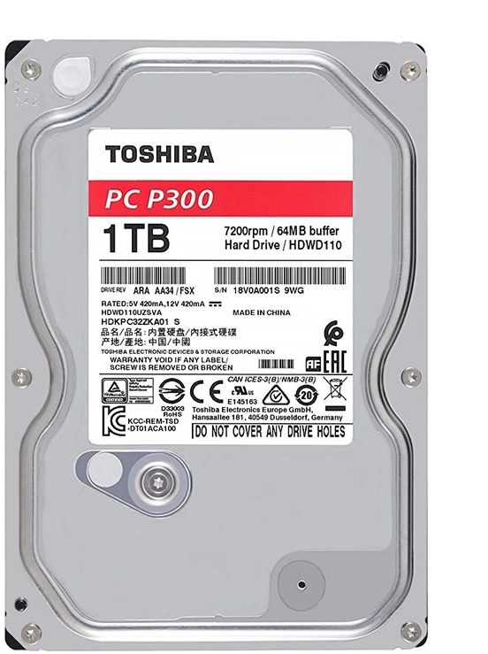 Disco Duro para PC 1TB - Toshiba P300 HDWD110UZSVA | 2108 – Disco HDD, Formato 3.5'', Tecnología SATA III, 6GB/s, Velocidad de rotación 7200 rpm, Búfer 64MB, 300.000 Ciclos carga/descarga