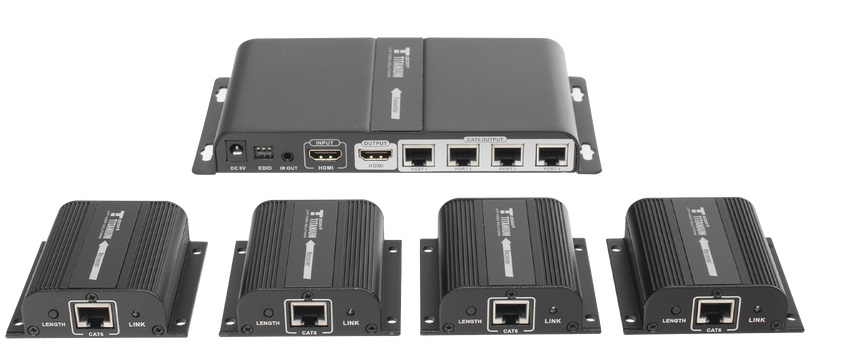 Kit de distribuidor HDMI – EPCOM TT714PRO | 2112 – Kit de distribuidor HDMI, 1 Fuente HDMI a 4 Pantallas HDMI, Distancia de transmisión: 40m, Control IR, Alimentación: 5 VCD, 3A, PCM DTS AC3, HDCP 1.2, 1 entradas HDMI, 4 salidas RJ45