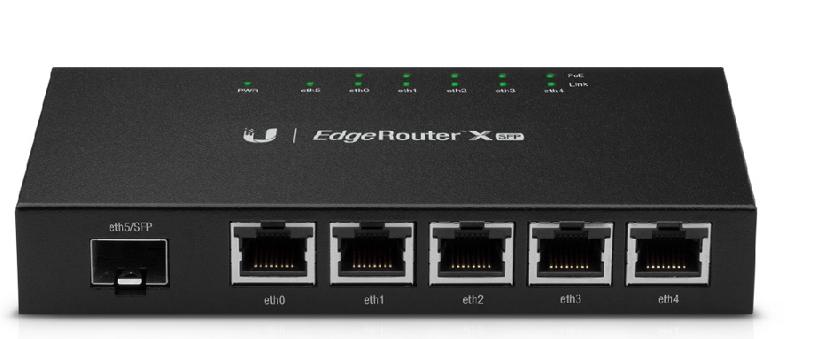EdgeRouter X / Ubiquiti ER-X-SFP | Capa 2, 5x Gigabit Ethernet RJ45 PoE, 1x Gigabit SFP, Memoria DDR3 256MB, Procesador: 880 MHz 2-core, PoE: 50 W
