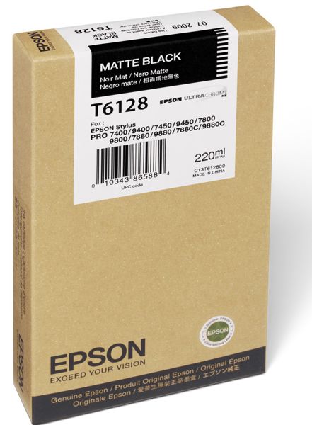 Tinta Epson T6128 Negro Mate / 220ml | 2110 - Cartucho de Tinta Original Epson T612800 Matte Black de 220 ml. Plotters Compatibles: Epson Stylus Pro 7800, 7880, 9800, 9880 