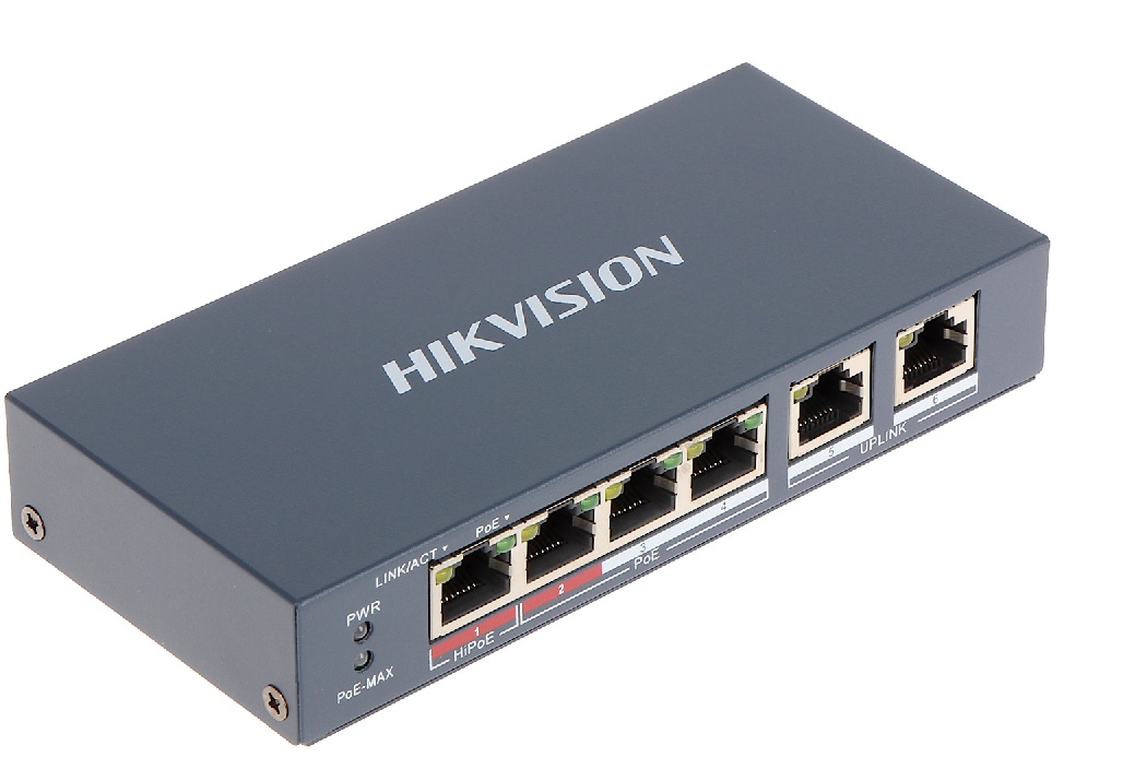 Switch Hikvision DS-3E0106HP-E / 4-Puertos | 2110 - Switch PoE+, No Administrable, 1x Ethernet Hi-PoE (60W), 3x Ethernet PoE (30 W), 2x Ethernet Uplink, 300 m PoE Larga Distancia (60W), MAC: 2K, Caché: 768 Kbits, Conmutación: 1.2 Gbps, Reenvío: 0.893 Mpps