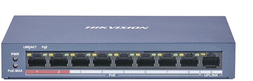  Switch 9-puertos - Hikvision DS-3E0109P-E/M(B) | 2202 – Switch 9-port, Capa 2, Puertos: 8x PoE de 10/100Mbps / 1x 10/100Mbps, Conmutación de almacenamiento y avance, MAC: 2K, Conmutación: 1.8 Gbps, Reenvío: 1.339 Mpps. DS-3E0109P-E/M(B)(O-STD)