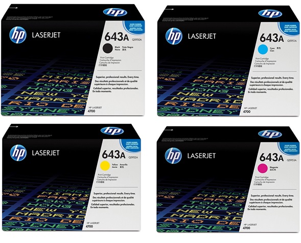 Toner para HP 4700 / HP 643A | 2402 - Toner para HP Color LaserJet 4700. El Kit Incluye: Q5950A Negro, Q5951A Cian, Q5952A Amarillo, Q5953A Magenta. Rendimiento: Negro 11.000 / Color 10.000 Paginas al 5%. HP 4700n 4700dn 4700n 4700dtn 4700ph+  