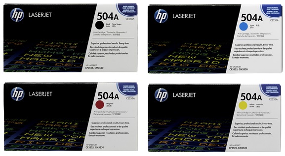 Toner para HP CM3525 / HP 504A | 2402 - Toner para HP Color LaserJet CM3525. El Kit Incluye CE250A Negro, CE251A Cian, CE252A Amarillo, CE253A Magenta. Rendimiento:  Negro 5.000 / Color 7.000 Páginas al 5%.