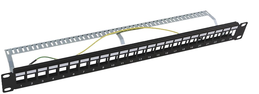 Patch Panel 24-Puertos - LinkedPro LP-PP-23-STP-BK-24P | 2112 - Patch panel modular Blindado (STP) de 24 puertos, con barra para organizar cable, Blindado, Color: Negro, Unidades de rack: 1, Compatible solo con jacks de Linkedpro