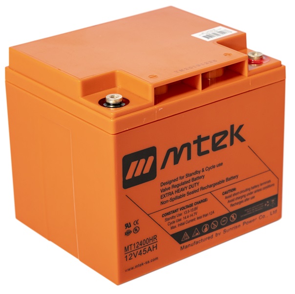 Batería 12V/ 45Ah - MTEK MT12400HR AGM | 2304 - Batería de plomo ácido regulada por válvula (VRLA), Sellada libre de mantenimiento, Tecnología Absorbent Glass Mat (AGM), 12V/45Ah @ 20-Hr Rate 