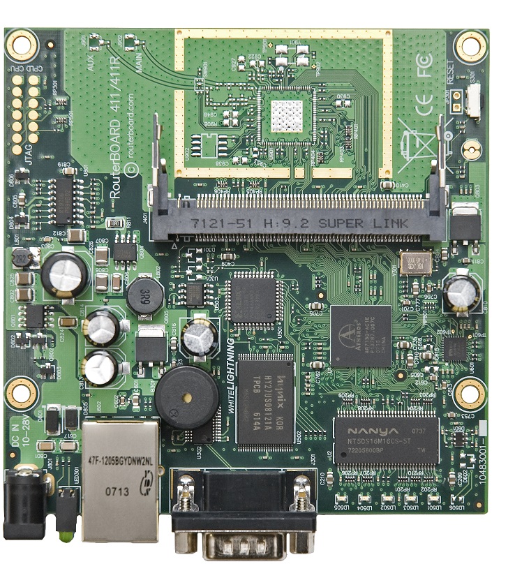Board Router MikroTik RB411AH | 2206 - RB411AH / Board Router, CPU: AR7161 (1-Core 680 MHz), RAM: 64MB, 64MB NAND, 1x Ethernet 10/100, 1x MiniPCI slots, 1x RS232, PoE (10 – 28V), Consumo: 14 W, RouterOS