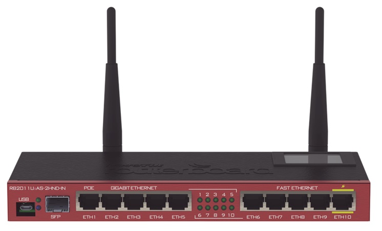 Router Inalámbrico MikroTik RB2011UIAS-2HND-IN 2.4Ghz / 300 Mbps / 4 dBi | 2208 - RouterBoard MikroTik 2.4Ghz, Arquitectura MIPSBE, Estándar Inalámbrico 802.11n, Velocidad 300 Mbps, 5-Puertos Ethernet Gigabit, 5-Puertos Ethernet 10/100, 1-Puerto SFP