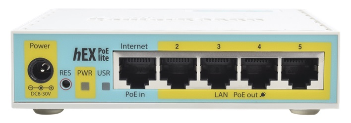 Router MikroTik hEX PoE lite / 5-Port | 2309 - RB750UPR2 / Router MikroTik hEX PoE lite Arquitectura MIPSBE con 5-Puertos de Red 10/100, 1-Puerto USB, PoE de Salida por Puertos 2-5, Procesador QCA9531 650Mhz / 1-Core, Memoria RAM 64MB, Flash 16MB