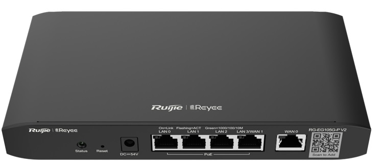 Router 600 Mbps / Ruijie Reyee RG-EG105G-P V2 | 2310 - RG-EG105G-P V2 / Router Gigabit administrado en la nube, Ancho de banda de 600 Mbps, 1-Puerto WAN Gigabit, 4-Puertos LAN Gigabit, 1-Puerto conmutable LAN/WAN, RAM: 128MB, Flash:16MB