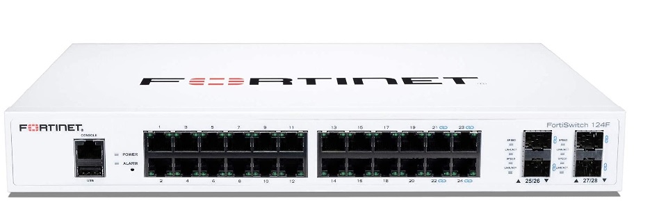 Switch Fortinet 24-Puertos / FortiSwitch 124F SFP 10G | 2308 - FS-124F / Switch serie FortiSwitch 124F, 24-Puertos LAN Gigabit, 4-Puertos SFP+ 10G, 1-Puerto de consola serie RJ-45, Montaje Rack 1U, Conmutación 128 Gbps, Rendimiento 190 Mpps 