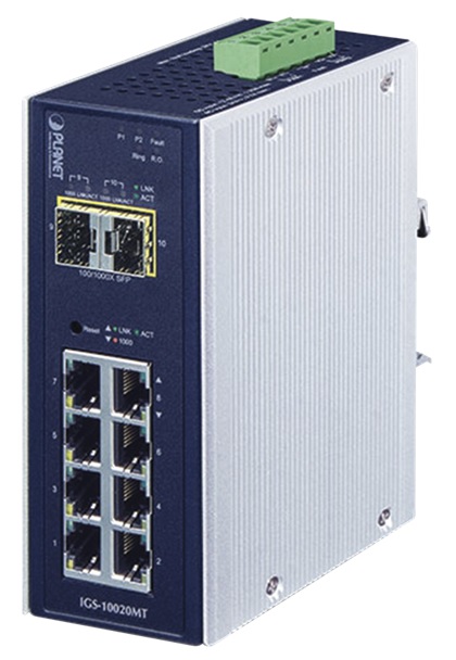 Switch Industrial  8-Puertos / Planet IGS-10020MT | 2310 - Switch Industrial Administrable, 8-Puertos LAN Gigabit, 2-Puertos SFP 2.5G, Conmutación 26Gbps, Rendimiento 14.8 Mpps, Direcciones MAC 8K, Jumbo Frame 9K, Flow Control, IPV4/IPV6, VLANs, QoS 