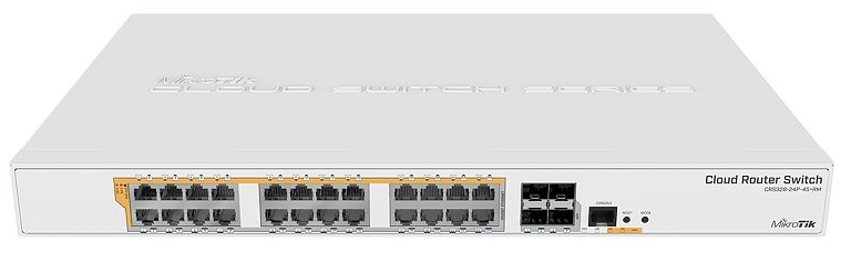  Switch PoE 24-Puertos – MikroTik CRS328-24P-4S+RM / SFP+ 10G | 2110 - MikroTik Cloud Smart Switch Capa 3, 24-Puertos LAN Gigabit, 4-Puertos SFP+ 10G, RAM 512MB, Memoria Flash 16MB, RouterOS / SwitchOS, Interfaz WEB, Tabla MAC 16K. CRS328-24P-4SPLUSRM 