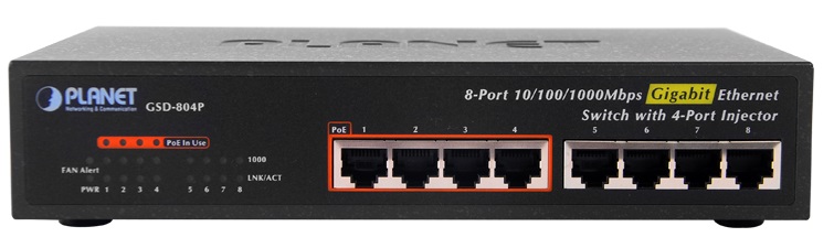  Switch PoE  8-Puertos - Planet GSD-804P | 2110 - Switch No Administrable, 4x Puertos 10/100/1000BaseTX, 4x Puertos PoE 802.3af 15.4W (Total 60W), Capacidad de conmutación: 16Gbps/non-blocking, Rendimiento:  11.9Mpps@64 bytes, MAC Address Table: 4K
