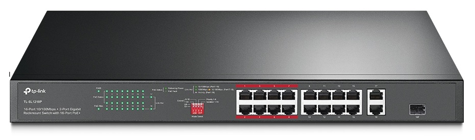 Switch PoE 18 Puertos - TP-Link TL-SL1218P | 2211 - Switch No Administrable optimizado para Video Vigilancia IP con 16-Puertos LAN 10/100 PoE+, 2-Puertos LAN Gigabit, 2 Puertos SFP, Presupuesto PoE 150W, Conmutación 7.5Gbps, Procesamiento 5.36Mpps 