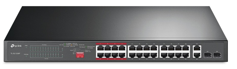 Switch PoE 24 Puertos - TP-Link TL-SL1226P | 2211 - Switch No Administrable optimizado para Video Vigilancia IP con 24-Puertos LAN 10/100 PoE+, 2-Puertos LAN Gigabit, 2 Puertos SFP Gigabit, PoE 250W, Conmutación 8.8 Gbps, Procesamiento 6.55 Mpps 