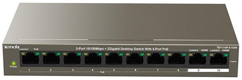 Switch PoE 10-Puertos - Tenda TEF1110P-8-102W | No Administrable Capa 2, 8x LAN 10/100 PoE, 2x LAN Gigabit, 5.6 Gbps, Tabla MAC: 16K, PoE 802.3af/at