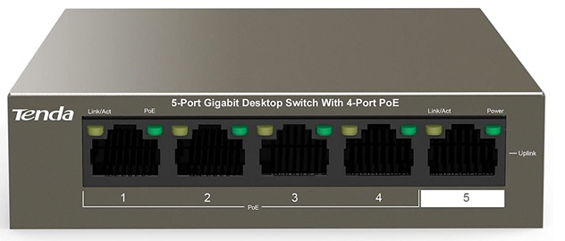 Switch PoE  5-Puertos - Tenda TEG1105P-4-63W | No Administrable Capa 2, 4x LAN Gigabit PoE, 1x LAN Gigabit, 10 Gbps, 7.44 Mpps, Tabla MAC: 2K, PoE 802.3af/at