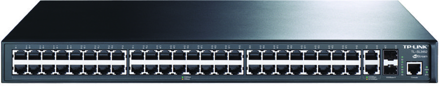  Switch 48-Puertos - TP-Link TL-SL3452 | Administrable Capa 2, 48 Lan Port 10/100, 2 Lan Port Gigabit JetStream, 2 SFP Port Gigabit, VLAN, QoS, IP MAC, CLI, SNMP, RMON, ACL, Encriptacion SSL o SSH. 3 Años de Garantía.  