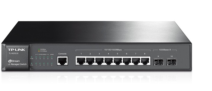 Switch  8-Puertos – TP-Link TL-SG3210 | 2307 - TL-SG3210 / Switch administrable Capa 2, 8-Puertos LAN Gigabit, 2-Puertos SFP Gigabit, 1-Puerto de consola, Capacidad de conmutación: 20Gbps, Reenvío de Paquetes: 14.9Mpps, Tabla de MAC Address: 8K, Búfer: 4M