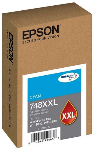 Tinta Epson 748XXL Cian / 7k | 2301 - Cartucho de Tinta Original Epson T748XXL220 Cian, Rendimiento Estimado 7.000 Páginas al 5%. Impresoras Compatibles: Epson WorkForce Pro WF-6090, WF-6590, WF-8090, WF-8590 C13T750220 