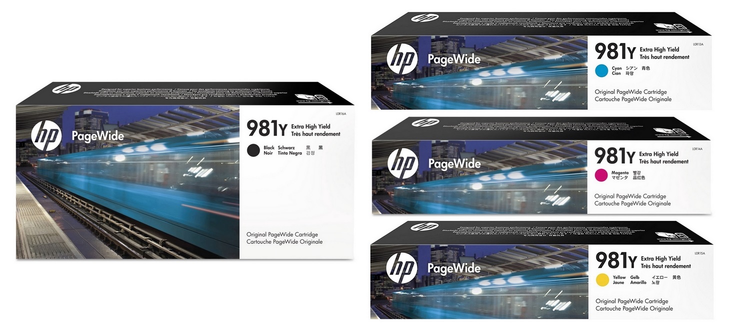 Tinta para HP PageWide Enterprise Color 556DN / HP 981Y | 2301 - Cartuchos de Tinta Original HP 981Y. El Kit Incluye: L0R13A Cian, L0R14A Magenta, L0R15A Amarillo, L0R16A Negro. Rendimiento: Color 16.000 Pág al 5% / Negro 20.000 Pág al 5%