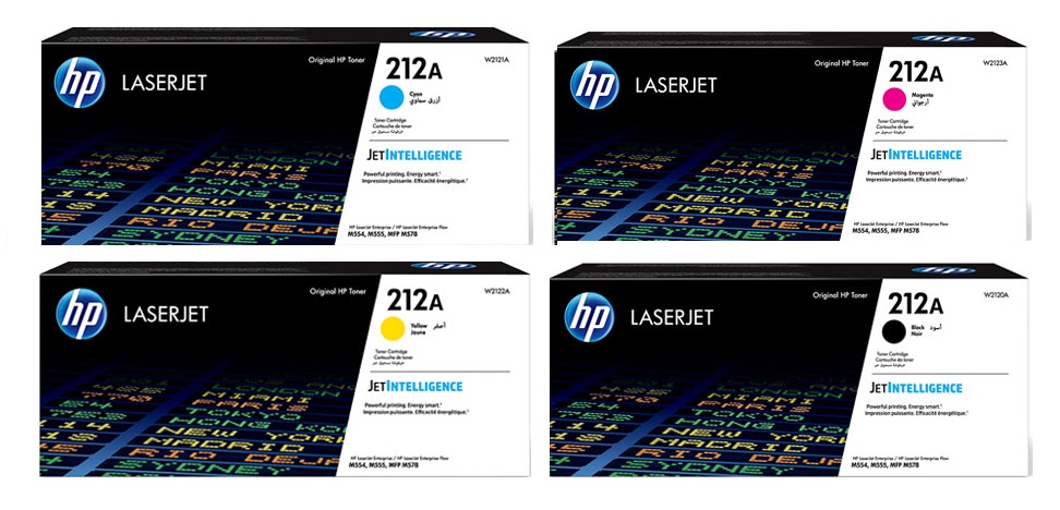 Toner para HP M554dn / HP 212A | 2402 - Toner para HP Color LaserJet Enterprise M554dn. El Kit incluye: W2120A Negro, W2121A Cian, W2122A Amarillo, W2123A Magenta. Rendimiento: Color 4.500 / Negro 5.500 Páginas al 5%. 