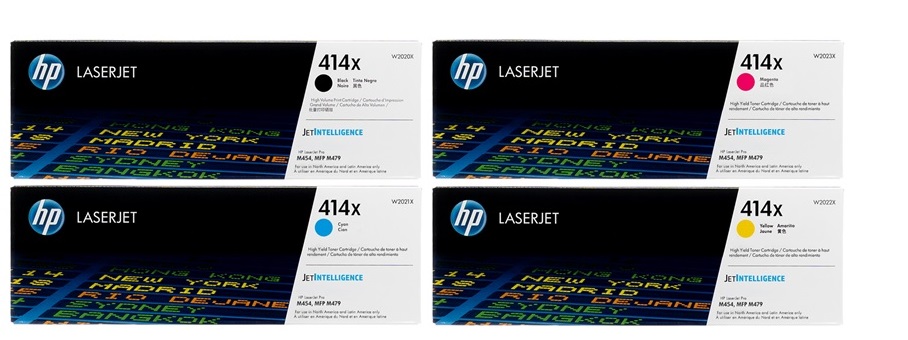 Toner para HP M480f / HP 414X | 2402 - Toner para HP Color LaserJet Enterprise MFP M480f. El Kit Incluye: W2020X Negro, W2021X Cian, W2022X Amarillo, W2023X Magenta. Rendimiento: Negro 7.500 / Color 6.000 Paginas al 5%.