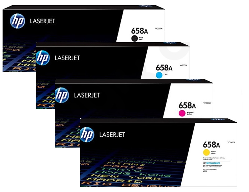 Toner para HP M751 / HP 658A | 2402 - Toner para HP Color LaserJet Enterprise M751. El Kit Incluye: W2000A Negro, W2001A Cian, W2002A Amarillo, W2003A Magenta. Rendimiento: Negro 7.000 / Color 6.000 Páginas al 5%. HP M751dn M751n  