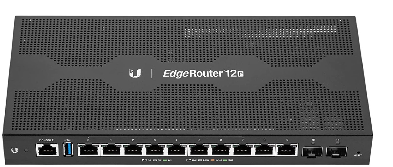 Router 12-Puertos – Ubiquiti EdgeRouter 12P / ER-12P | 2208 - Router de 12 puertos, Capas: 2 y 3, Tasa: 68000 Mpps, 1x Ethernet, 10x Gigabit PoE, 2x Gigabit SFP PoE, 1x 5 Gb/s SFP, RAM: 1GB, Procesador: MIPS64 (1 GHz / 4-core), RAM: 1GB. ER12 