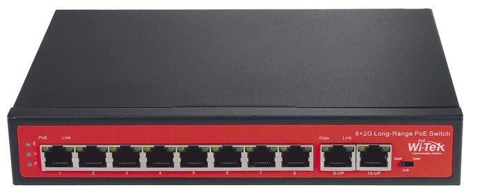 Switch PoE de largo alcance – Wi-Tek WI-PS210G | 2110 - Switch con 8-Puertos LAN 10/100 PoE, 2-Puertos LAN Gigabit Uplink, Capacidad PoE (Puerto-1: PoE 802.3af/at/bt 60W, Puertos 2-8: PoE 802.3af/at 30W), Modo Extended para PoE hasta 250m, Función Ping