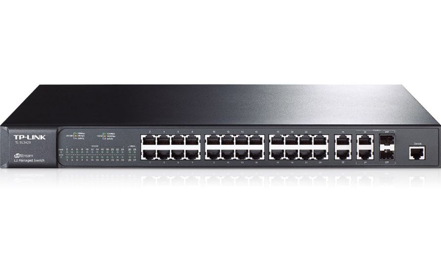  Switch 24-Puertos - TP-Link TL-SL3428 | Administrable Capa 2, 24 Lan Port 10/100, 4 Lan Port Gigabit JetStream, 2 SFP Port Gigabit, VLAN, QoS, IP MAC, CLI, SNMP, RMON, ACL, Encriptación SSL o SSH. 3 Años de Garantía.  